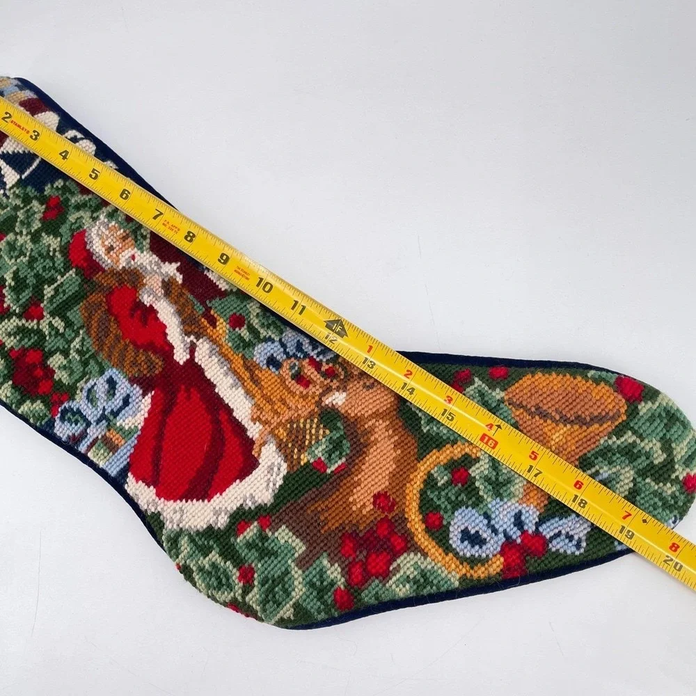 Vintage Needlepoint Christmas Stocking Santa Claus Reindeer Navy Velvet 19 inch